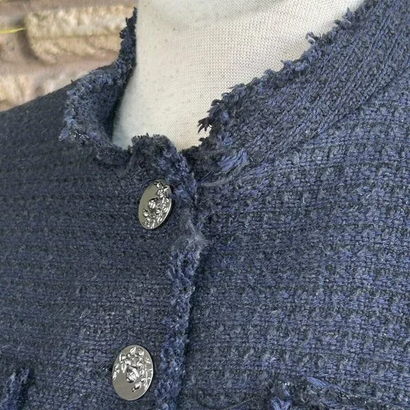 Willow Clay Navy Blue Tweed Military Style Raw Edge Business Blazer Size Small